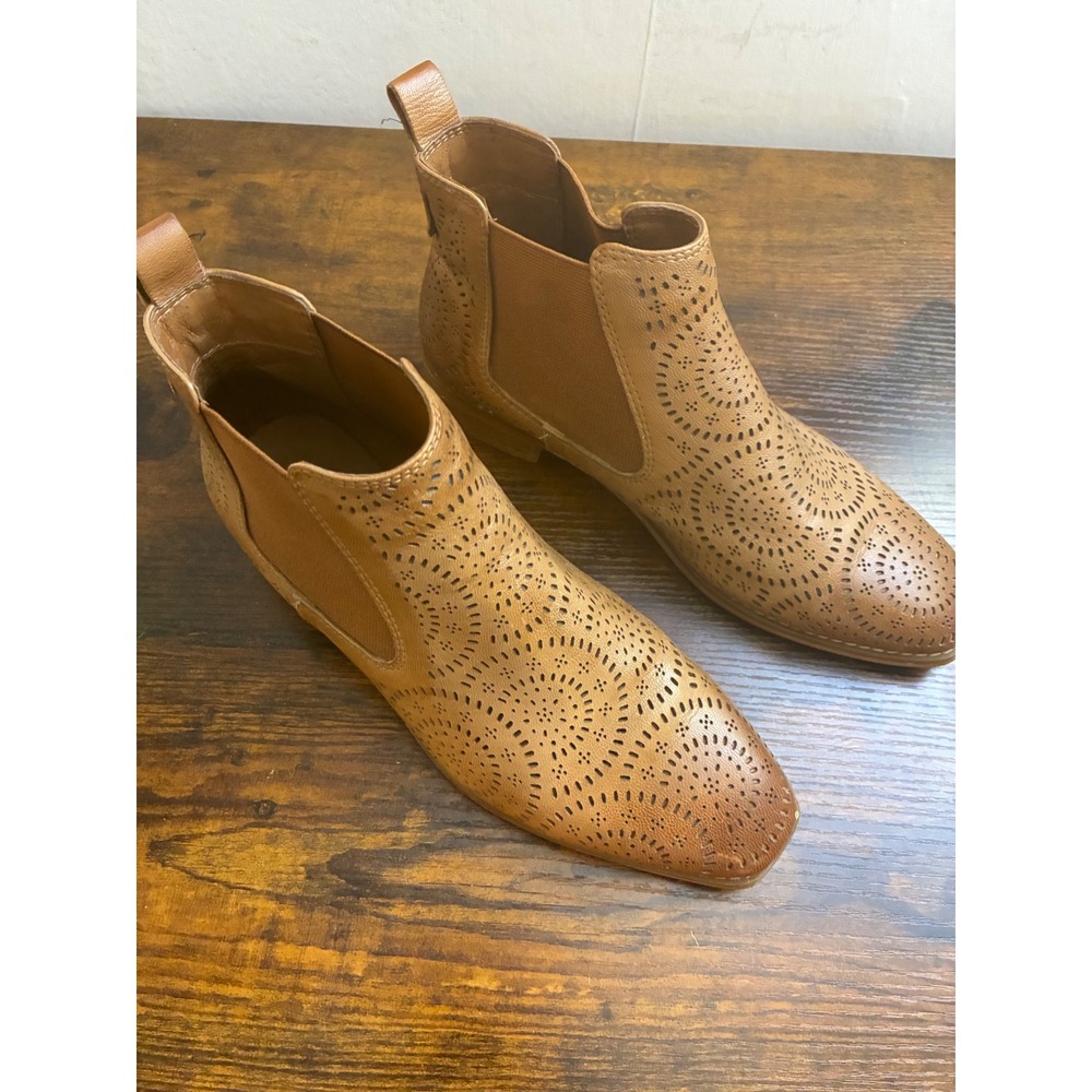 Spring Step Tan Leather Laser Cut Perforated Chelsea Ankle Boots Vintage 38